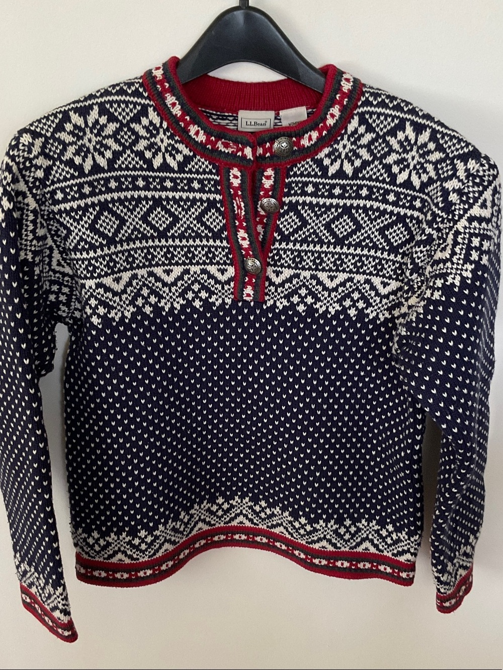 L.L. Bean Navy, Red and Cream Fair Isle Crewneck Sweater